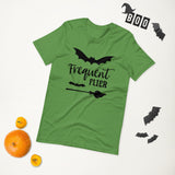 frequent flier green tshirt with black lettering two bats and a broomstick