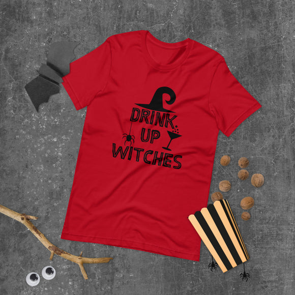 drink up witches red tshirt with black lettering with witch hat spider and bubbling cocktail glass
