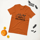 happy halloween orange tshirt with black lettering bats spider web and graveyard marker for Halloween