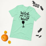 witch way to the wine black lettering on seafoam green tshirt for halloween