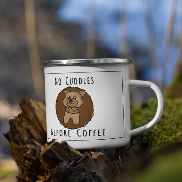 no cuddles before coffee enamel mug with grumpy morning teddy bear graphic