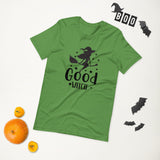 good witch green tshirt with black lettering and a witch riding a broom