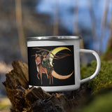 Midnight fairy enamel coffee cup fairy riding deer holding an owl with cresent moon in the background