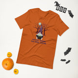 witchy gnome the spell caster orange tshirt with gnome stirring a cauldron, with trees and a full moon in the background