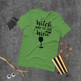 witch way to the wine black lettering on green tshirt for halloween