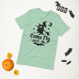 come fly with me aqua tshirt with black lettering moon and witch flying on a broom