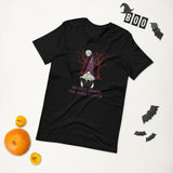 witchy gnome the spell caster black tshirt with gnome stirring a cauldron, with trees and a full moon in the background
