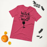 witch way to the wine black lettering on rasberry tshirt for halloween