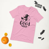 good witch lilac tshirt with black lettering and a witch riding a broom
