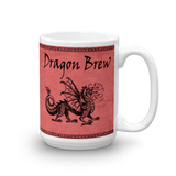 dragon brew cermaic coffee cup with a black dragon  on a pink background large size