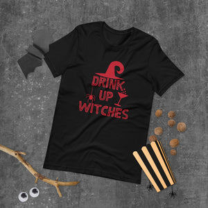drink up witches black tshirt with red lettering spider witch hat and bubbling cocktail glass