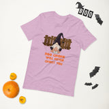 Boo Gnome will never ghost you lilac halloween tshirt with gnome and orange trick or treat lettering