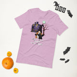 batty catty gnome lilac tshirt with gnome in wizard hat holding cat with batwings and a haunted house