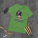 Nightmare gnome the frightmaster green tshirts with purple haunted house purple halloween lettering and gnome holding scary creatures