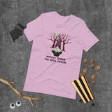 witchy gnome the spell caster lilac tshirt with gnome stirring a cauldron, with trees and a full moon in the background