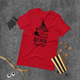 witches gotta stick together black lettering on red tshirt with witch hat and broomstick
