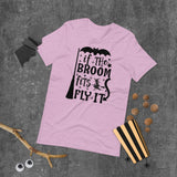 if the broom fits fly it black lettering on lilac tshirt for hallowwen with broom witch and flying bat
