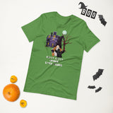 batty catty gnome green tshirt with gnome in wizard hat holding cat with batwings and a haunted house