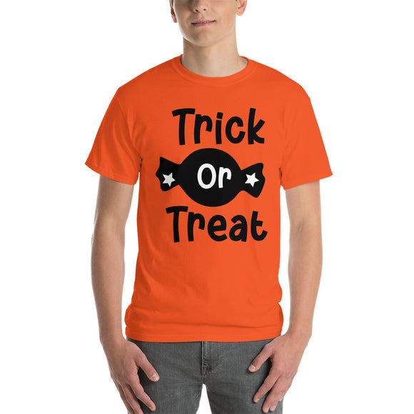 trick or treat black lettering orange te shirt for halloween with wrapped candy