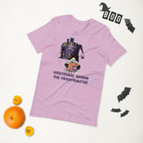 Nightmare gnome the frightmaster lilac tshirts with purple haunted house purple halloween lettering and gnome holding scary creatures