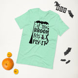 if the broom fits fly it black lettering on aqua tshirt for hallowwen with broom witch and flying bat