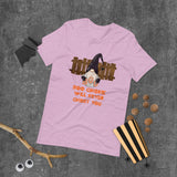 Boo Gnome will never ghost you lilac halloween tshirt with gnome and orange trick or treat lettering