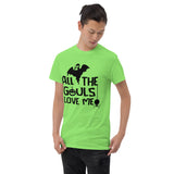 all the ghouls love me green tshirt with black lettering spider and howling ghost