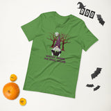 witchy gnome the spell caster green tshirt with gnome stirring a cauldron, with trees and a full moon in the background