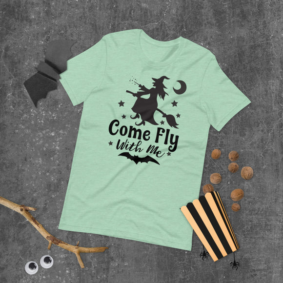 come fly with me aqua tshirt with black lettering moon and witch flying on a broom