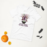 witchy gnome the spell caster white tshirt with gnome stirring a cauldron, with trees and a full moon in the background