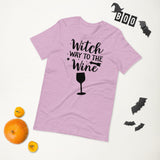 witch way to the wine black lettering on lilac tshirt for halloween
