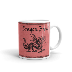 dragon brew cermaic coffee cup with a black dragon  on a pink background