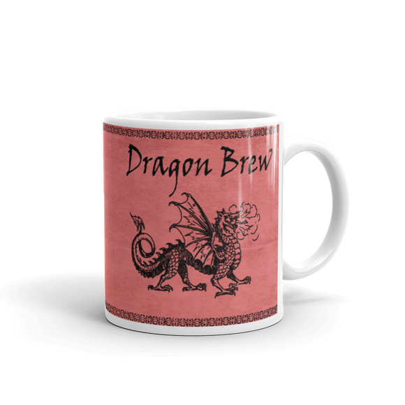 dragon brew cermaic coffee cup with a black dragon  on a pink background