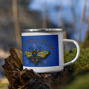 morning buzz enamel coffee cup multi colored stained glass bee on blue background