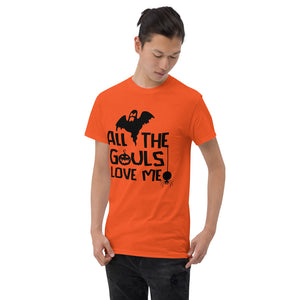 all the ghouls love me green tshirt with black lettering spider and howling ghost
