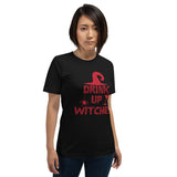 drink up witches black tshirt with red lettering spider witch hat and bubbling cocktail glass