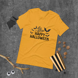 happy halloween yellow tshirt with black lettering bats spider web and graveyard marker for Halloween