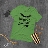 frequent flier green tshirt with black lettering two bats and a broomstick