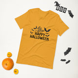 happy halloween yellow tshirt with black lettering bats spider web and graveyard marker for Halloween