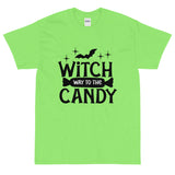 witch way to the candy black lettering on green tshirt for halloween