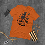 come fly with me orange tshirt with black lettering moon and witch flying on a broom