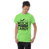 witch way to the candy black lettering on green tshirt for halloween with bat and wrapped candy