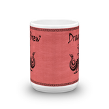 dragon brew cermaic coffee cup with a black dragon  on a pink background large size front view