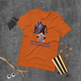 Nightmare gnome the frightmaster orange tshirts with purple haunted house purple halloween lettering and gnome holding scary creatures