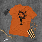 witch way to the wine black lettering on orange tshirt for halloween