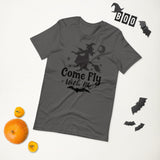 come fly with me asphalt gray tshirt with black lettering moon and witch flying on a broom
