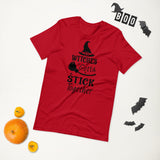 witches gotta stick together black lettering on red tshirt with witch hat and broomstick
