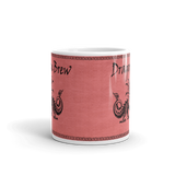 dragon brew cermaic coffee cup with a black dragon  on a pink background front view
