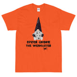 Spider Gnome the Webmaster Orange tshirt black lettering with gnome and spiders
