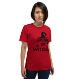 drink up witches red tshirt with black lettering with witch hat spider and bubbling cocktail glass